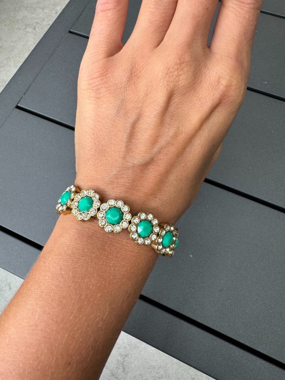 Emerald Green Rhinestone Statement Bracelet Gold Tone Art Deco Style